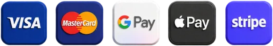Visa, Mastercard, Google Pay, Apple Pay, Stripe